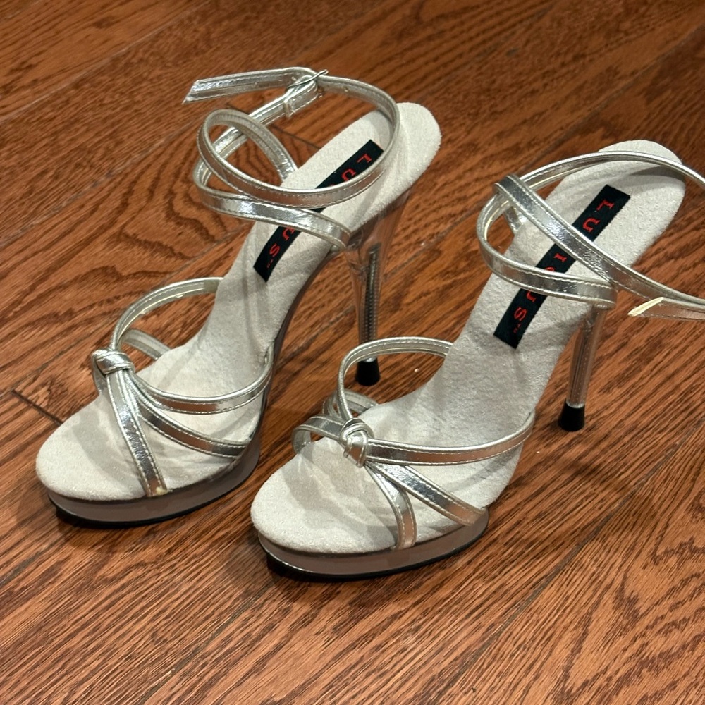 New Pleaser Shiny Silver Strappy Heels